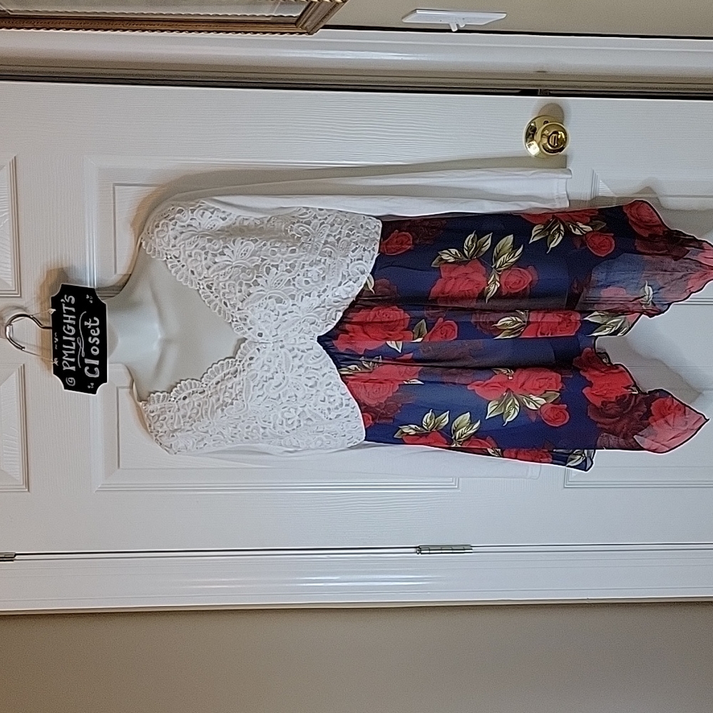 Rosegal Long Sleeve Blouse 1X Lace Floral White Navy Red New